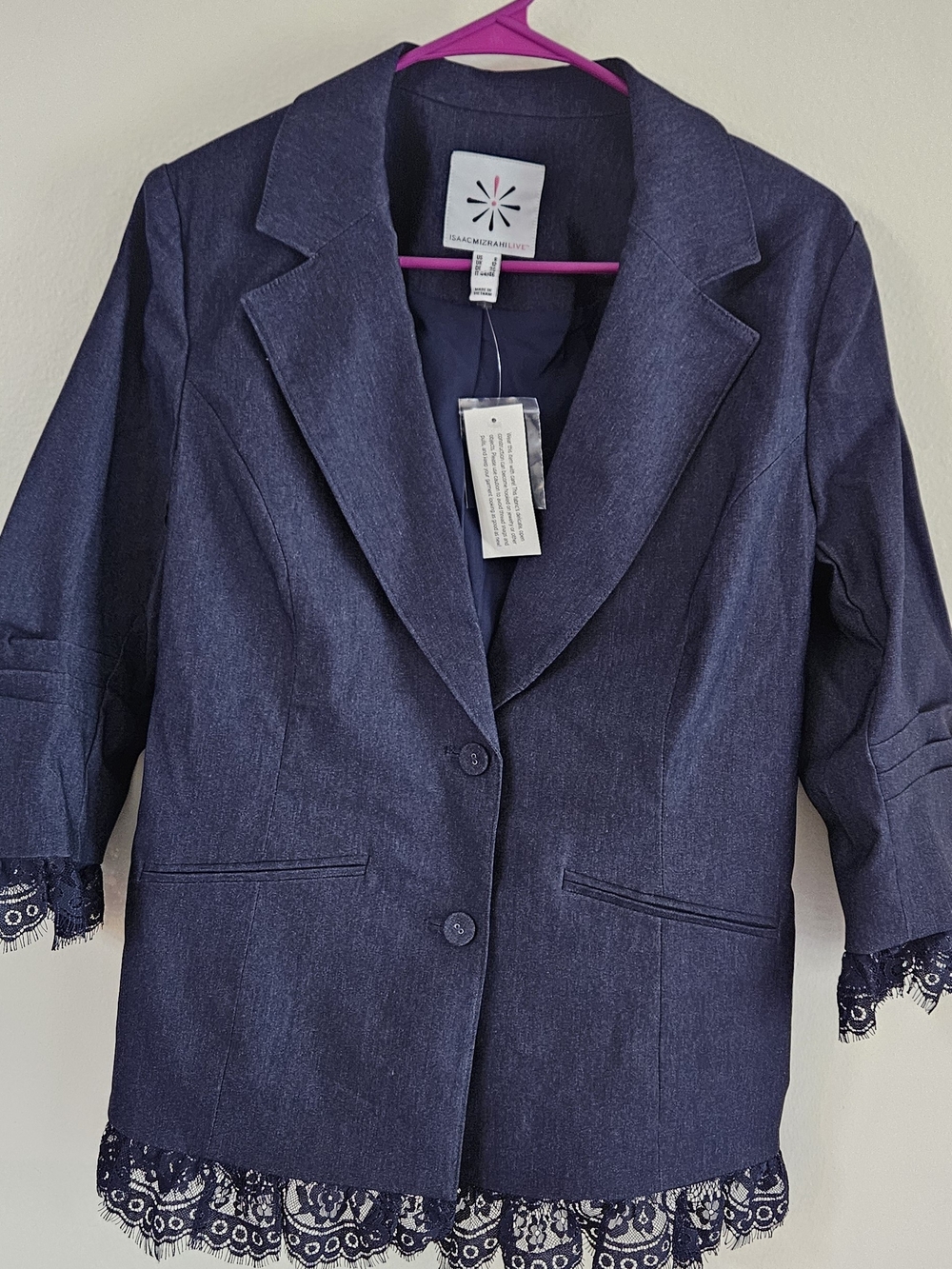 Isaac Mizrahi Navy Lace-Trim Blazer Jacket